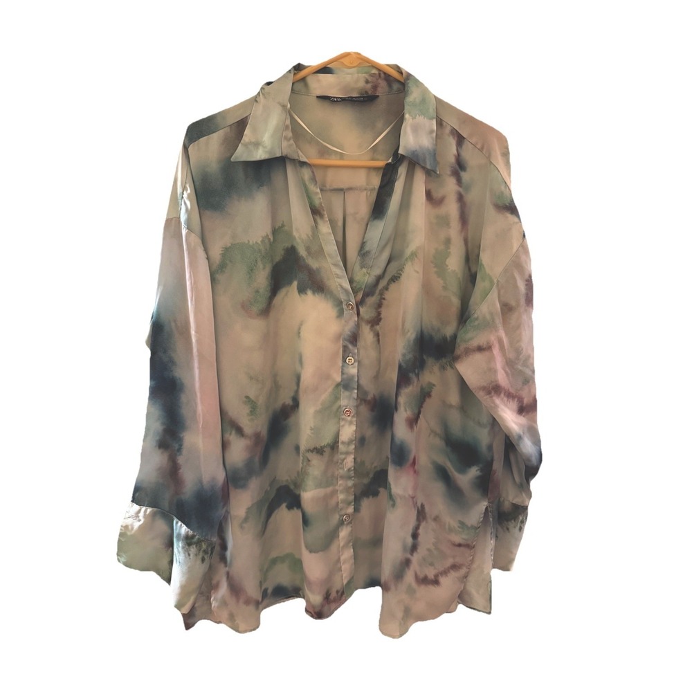 Zara Multicolor Abstract Watercolor Blouse XL Button Up Long Sleeve Artsy